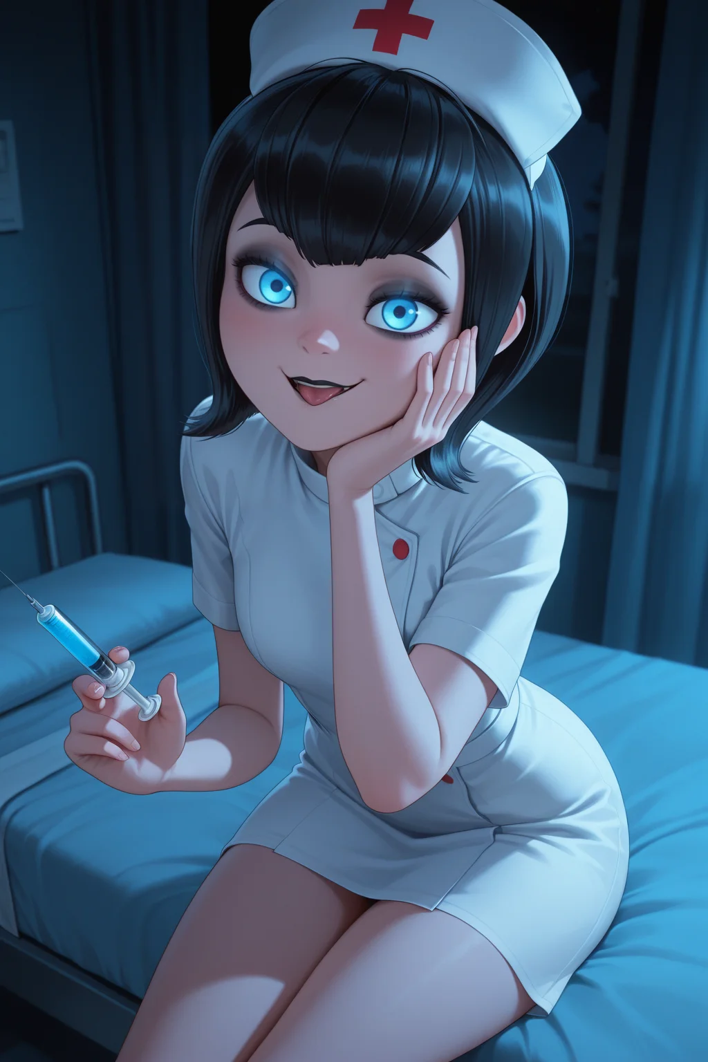 masterpiece, best quality, amazing quality, 1girl, m4v15dr4cul4, black hair, short hair, blue eyes, makeup, black lips, nurse, nurse costume, hospital bed, sitting, naughty_face, looking_at_viewer, aesthetic, holding syringe, hand on own cheek, night, dark room, glowing eyes, tongue