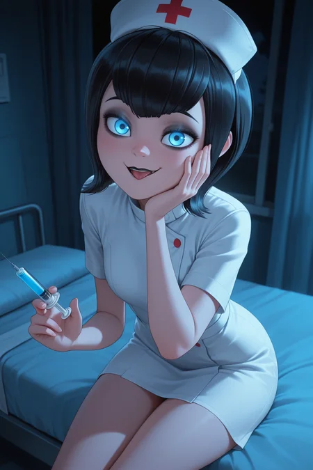 masterpiece, best quality, amazing quality, 1girl, m4v15dr4cul4, black hair, short hair, blue eyes, makeup, black lips, nurse, nurse costume, hospital bed, sitting, naughty_face, looking_at_viewer, aesthetic, holding syringe, hand on own cheek, night, dark room, glowing eyes, tongue