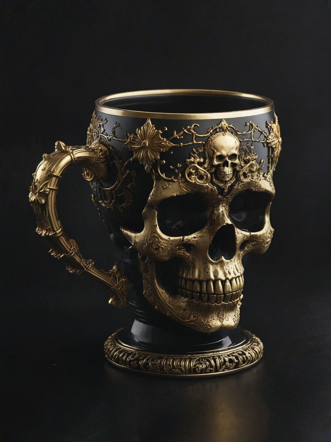 Imagine a skull-shaped cup adorned with intricate golden embellishments,  Crafted from gleaming gold, ornate engravings cover its surface,   <lora:Desolation:0.6>