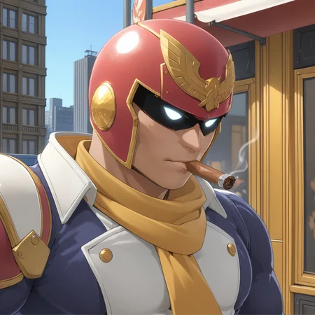 man smoking cigar, carnival, CaptainFalconXL <lora:CaptainFalconXL:.7>, (anime, masterpiece, intricate:1.3), (best quality, hires textures, high detail:1.2), (4k),(incredibly detailed:1.4),UHD, 8K, ultra detailed