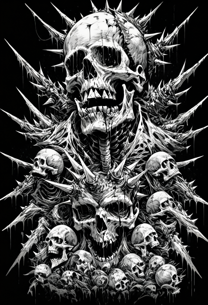 (score_9, score_8_up), score_7_up, zPDXL, monochrome, greyscale, teeth, no humans, blood, black background, spikes, skull, monster, skeleton, bone, horror (theme)<lora:GRIM_v1:0.9>
