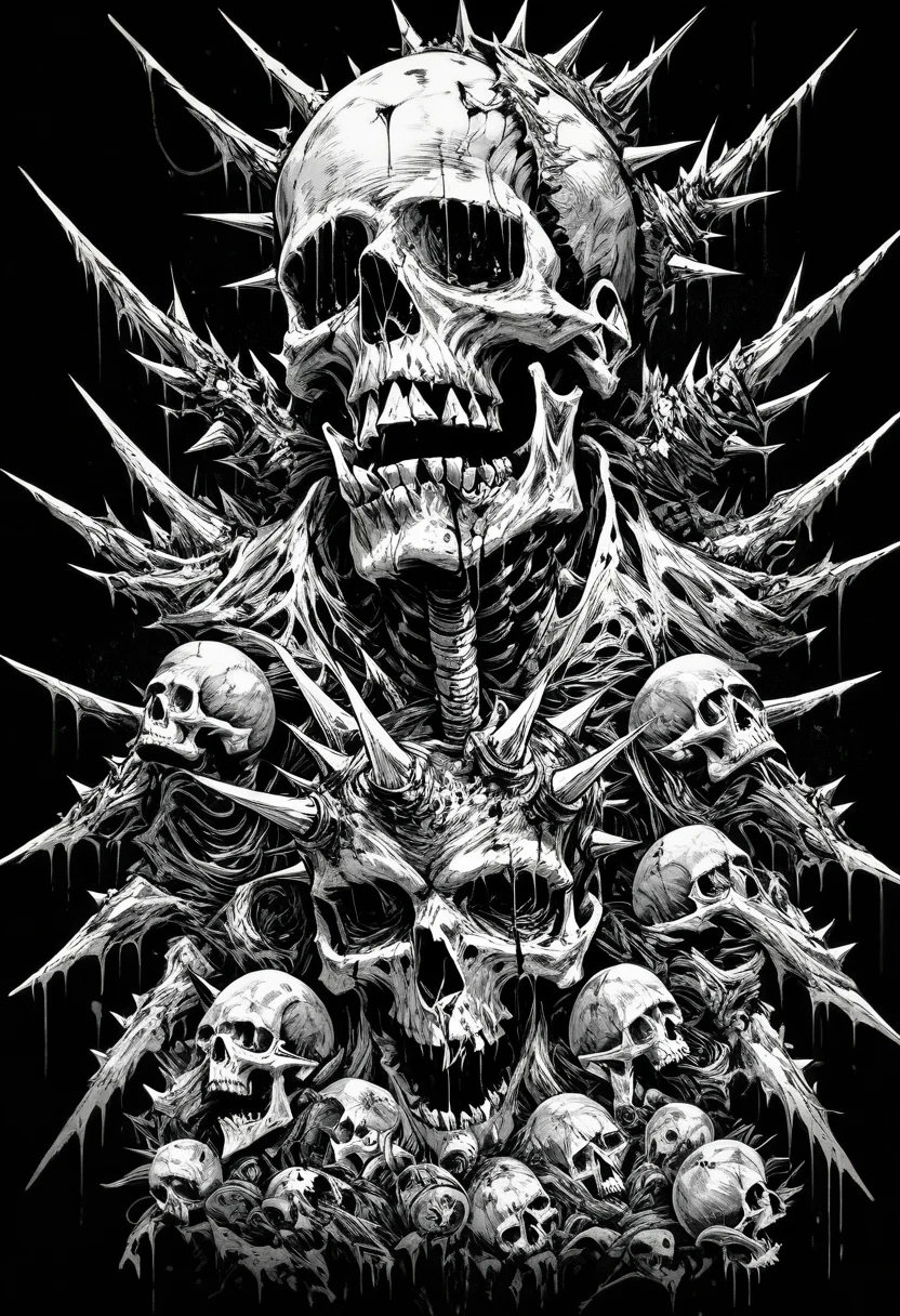 (score_9, score_8_up), score_7_up, zPDXL, monochrome, greyscale, teeth, no humans, blood, black background, spikes, skull, monster, skeleton, bone, horror (theme)<lora:GRIM_v1:0.9>