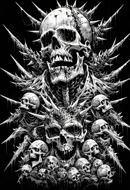 (score_9, score_8_up), score_7_up, zPDXL, monochrome, greyscale, teeth, no humans, blood, black background, spikes, skull, monster, skeleton, bone, horror (theme)<lora:GRIM_v1:0.9>