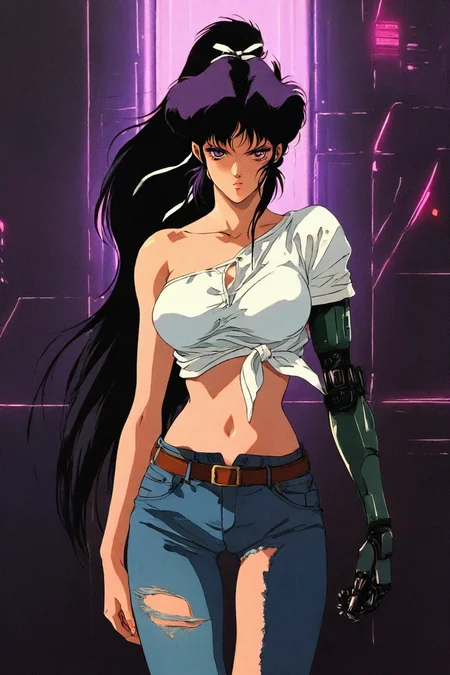 looking at the viewer, asymmetrical clothes, navel, purple eyes, very long hair, tied shirt, midriff, hair ribbon, single pantsleg, white shirt, ponytail, black hair, large breasts, jeans, white ribbon, brown belt, purple hair, asymmetrical legwear, mechanical arms, 1girl, solo, alone, <lora:retro_neon_cyberpunk_illustriousXL_by_zura_janai-000029:1>, retro_cyberpunk, retro, retro artstyle, masterpiece, highres