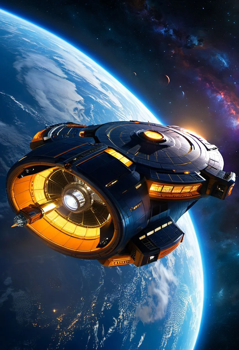 futurist spaceship, advanced propulsion system igniting, stars ahead blurring and stretching, planet earth in the background, faint glow of exotic energy envelops the ship symbolizing its transition into space, awe-inspiring wonder and excitement as ship's crew embarks on a journey to the unknown, thrill of discovery and exploration as the ship heads towards the infinite cosmos, Deep blues and purples for the darkness of space, nergetic oranges and yellows for the ship's energy and propulsion.