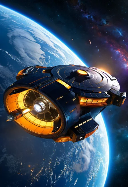futurist spaceship, advanced propulsion system igniting, stars ahead blurring and stretching, planet earth in the background, faint glow of exotic energy envelops the ship symbolizing its transition into space, awe-inspiring wonder and excitement as ship's crew embarks on a journey to the unknown, thrill of discovery and exploration as the ship heads towards the infinite cosmos, Deep blues and purples for the darkness of space, nergetic oranges and yellows for the ship's energy and propulsion.