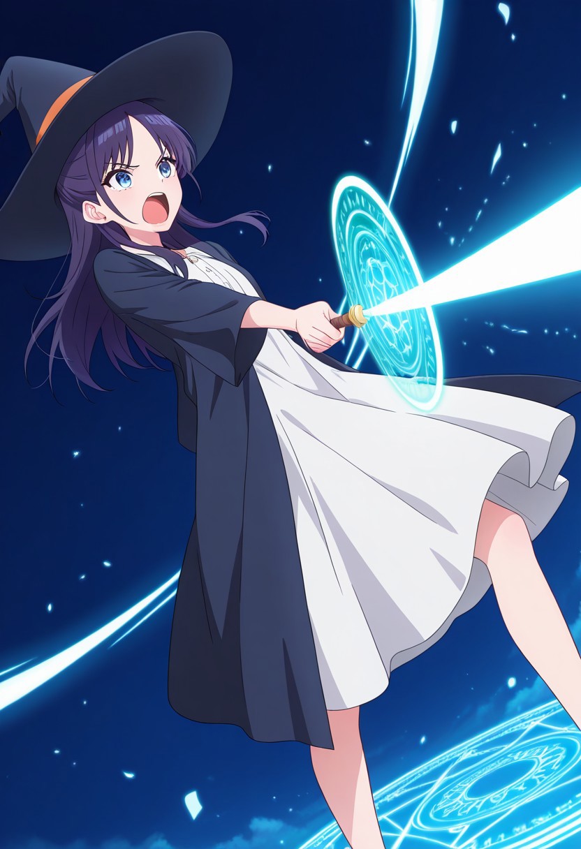 (absurdres, best quality, masterpiece:1.4), amazing quality, highres, newest, detailed, detailed body, detailed face, source anime, anime coloring, beautiful, dynamic background, petite, magic circle, magic spell, unique perspective, dutch angle,
BREAK
WWNemu, 1girl, solo, shouting, NemuAniHu, dark purple hair, parted bangs, half updo,, blue eyes, witch hat, robe, white inner dress, holding wand, aiming, magic beam