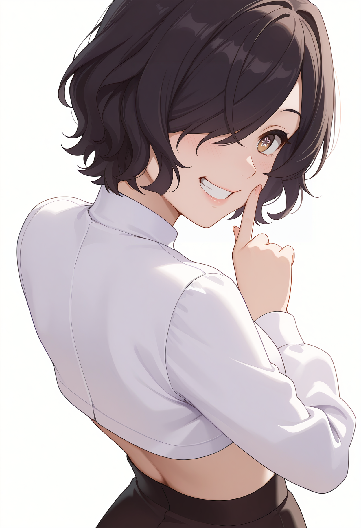 Smooth Quality,masterpiece,very intricate, high quality details, ultra realistic, high detailed skin,detailed enviorement,absurdres,
simple background, white background,
fingersmile, index fingers pulling lips into a grin, tense expression, awkward gaze,,from behind,
blouse, ,crop jacket,  ,stockings, , <lora:Kiclacnn:0.7> Kiclacnn, 1girl, black hair, brown eyes, symbol-shaped pupils, short hair, hair over one eye,