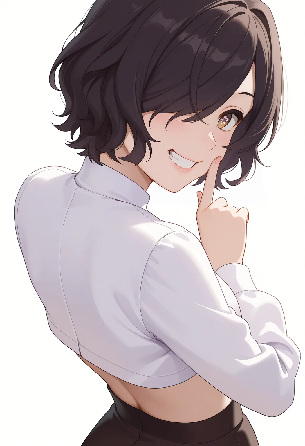 Smooth Quality,masterpiece,very intricate, high quality details, ultra realistic, high detailed skin,detailed enviorement,absurdres,
simple background, white background,
fingersmile, index fingers pulling lips into a grin, tense expression, awkward gaze,,from behind,
blouse, ,crop jacket, ,stockings, , <lora:Kiclacnn:0.7> Kiclacnn, 1girl, black hair, brown eyes, symbol-shaped pupils, short hair, hair over one eye,