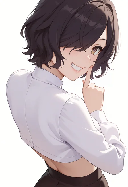 Smooth Quality,masterpiece,very intricate, high quality details, ultra realistic, high detailed skin,detailed enviorement,absurdres,
simple background, white background,
fingersmile, index fingers pulling lips into a grin, tense expression, awkward gaze,,from behind,
blouse, ,crop jacket,  ,stockings, , <lora:Kiclacnn:0.7> Kiclacnn, 1girl, black hair, brown eyes, symbol-shaped pupils, short hair, hair over one eye,