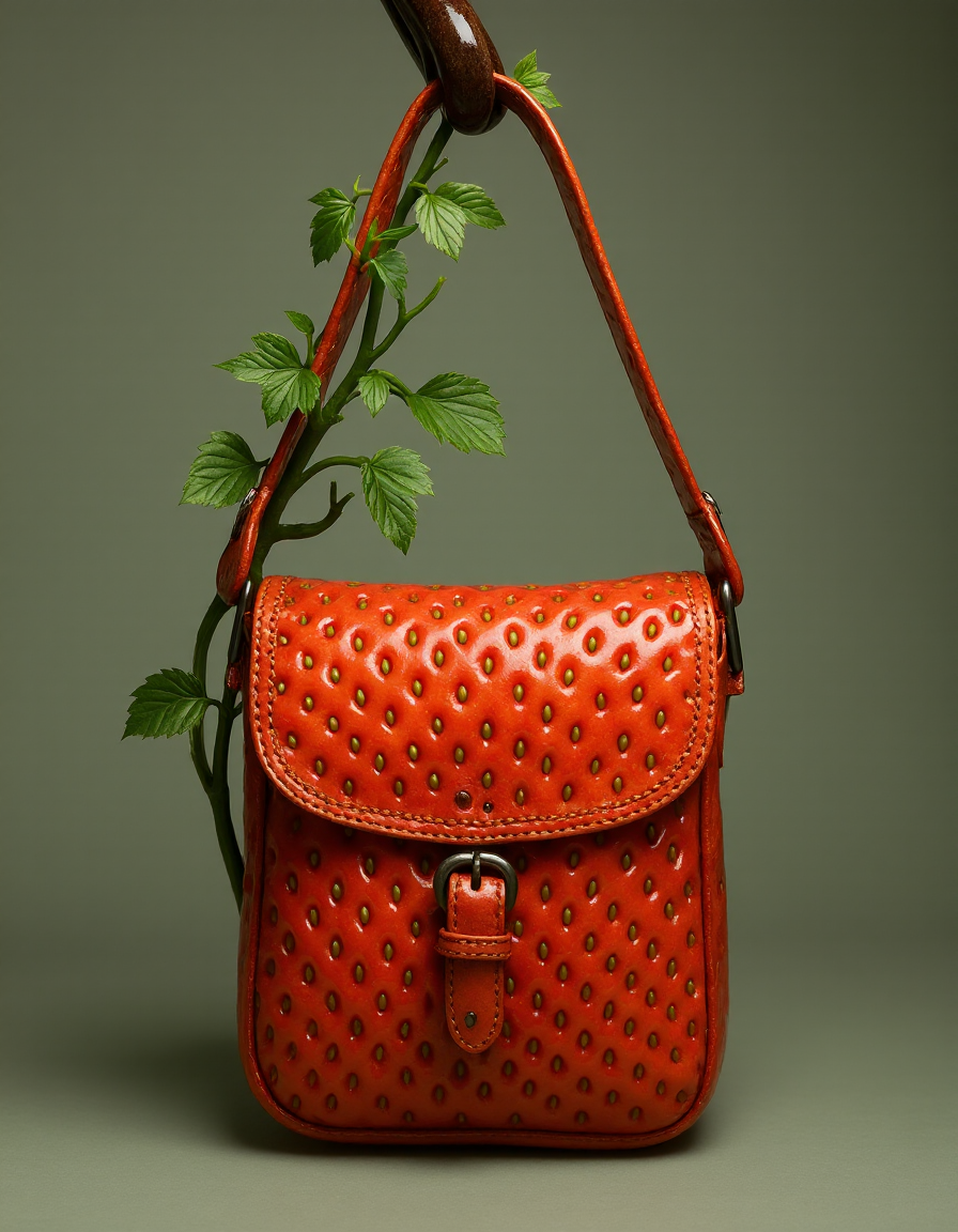 A messenger bag hangs from a hook its flap crafted from deep matte orange strawberry skin The stitching is lined with crimson seeds dull but defined Small creases suggest frequent use and a sprouting vine forms the shoulder strap <lora:FruitCore-StrawberryShift-0.3-000004:1>