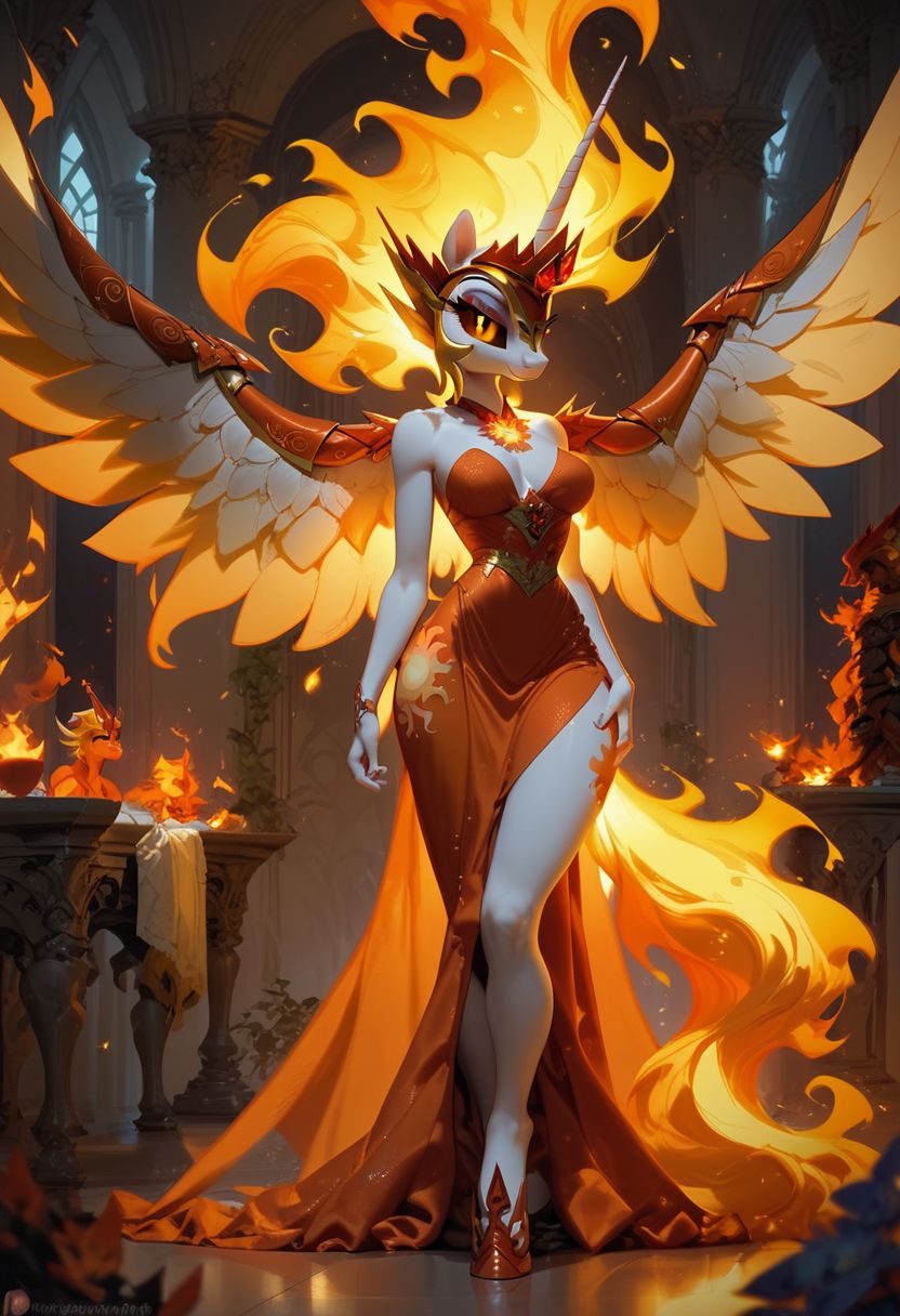 score_9, score_8_up, score_7_up, score_6_up, erotic group, 1girl,  Daybreaker \(mlp\),  (anthro pony:1.1), sexy regal  dress, sexually aroused, bedroom room, tail, big perky breasts, fire, fire aura