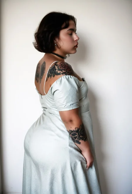 (photorealistic, minimalism), high contrast, very aesthetic, masterpiece, high quality, vivid colors, cinematic lighting, dramatic shadows, simple dark background, (silhouette:0.7), dark theme.
BREAK
1girl, (dudasoares:1.5), cowboy shot, (perfect ass:0.3), from side, (formal dress:1.5), small breasts, natural breasts, looking away, perfect eyes, piercing, wide hips, plum, chubby, Brazilian, very short dark hair, choker, real skin, tattsonass, tattoos on ass