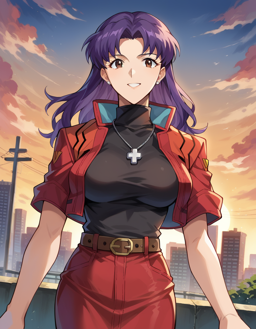 score_9, score_8_up, score_7_up, source_anime, misatokatsuragi, <lora:misato-katsuragi-ponyxl-lora-nochekaiser:1>, misato katsuragi, long hair, brown eyes, purple hair, parted bangs, skirt, jewelry, smile, mature female, jacket, belt, necklace, uniform, cross, red jacket, pencil skirt, cross necklace, red skirt, black shirt, turtleneck, cropped jacket, outdoors, cityscape, sky, clouds, sun, looking at viewer, cowboy shot, dutch angle, dynamic pose,