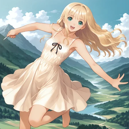 hortensia,score_9,score_8_up,score_7_up,source_anime,good_hands,best_quality,masterpiece,super_fine_illustration,8k,1girl,solo,adorable_girl,very_long_hair,barefoot,(defined_fingers),mountains,summer,white_long_sundress,happy,twirl_spin, spinning,looking back at viewer
