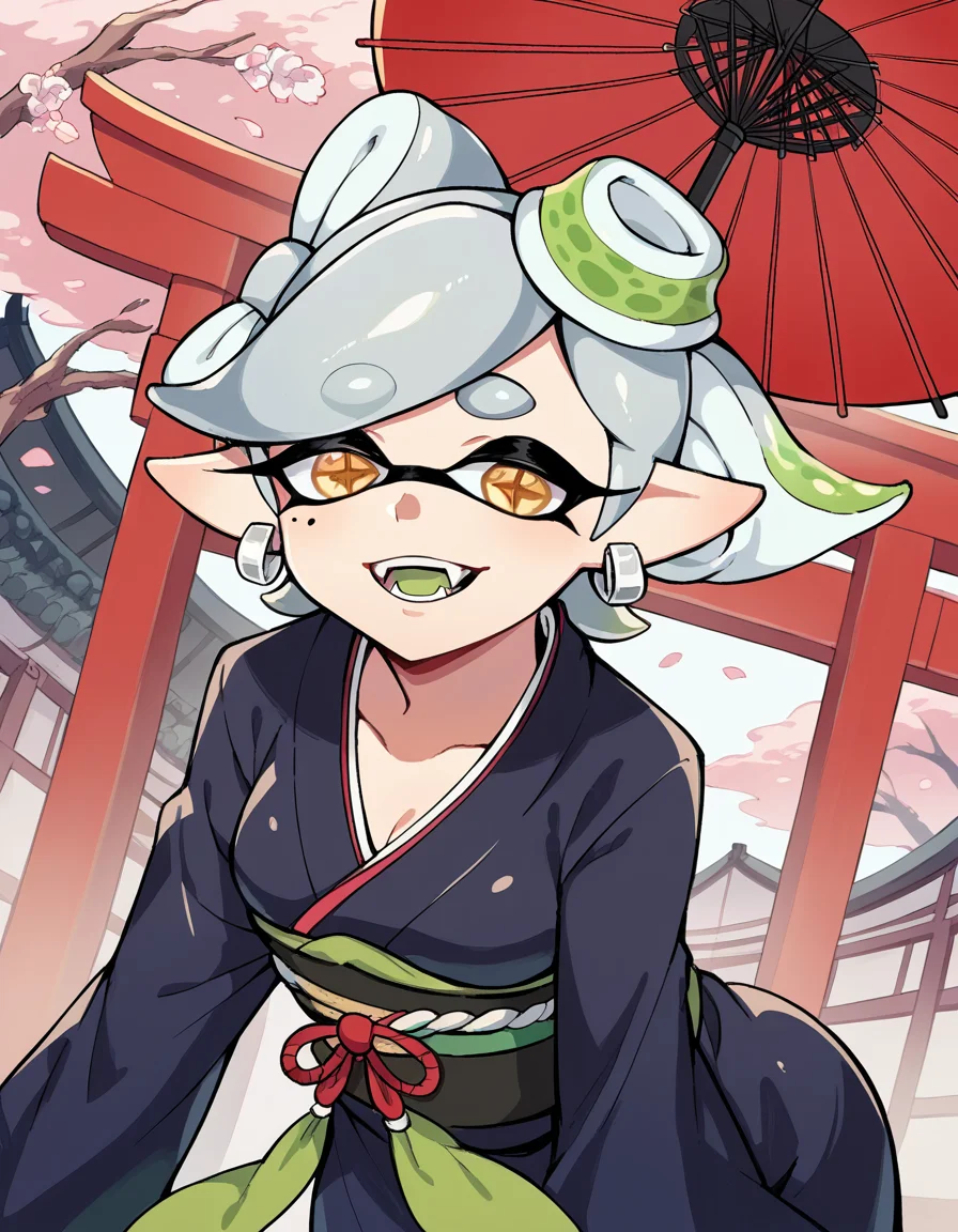 score_9, score_8_up, score_7_up, source_anime,
splatoonmarie, <lora:splatoon-marie-ponyxl-lora-nochekaiser:1>,
marie, fangs, grey hair, mole, mole under eye, pointy ears, short hair, yellow eyes, domino mask, mask, tentacle hair,
earrings, hair ornament, japanese clothes, jewelry, kimono, long sleeves, mole, mole under eye, umbrella, wide sleeves,
outdoors, shrine, bent over, smile,
solo, dutch angle, looking at viewer, cowboy shot,