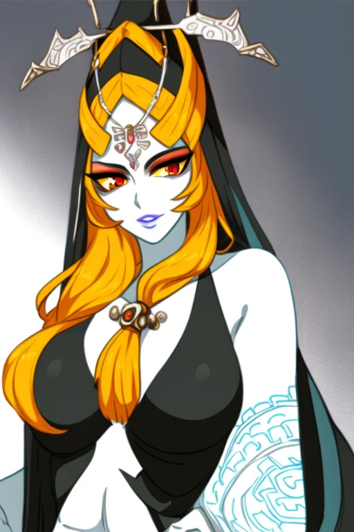 masterpiece, best quality, portrait of midna, dusk, full body, pelvic curtain, legs, slim, 1girl, breasts, colored sclera, blue skin, forehead jewel, front ponytail, grey skin, large breasts, lips, long hair, looking at viewer, midna, orange hair, solo, yellow sclera, intricate hair, official art