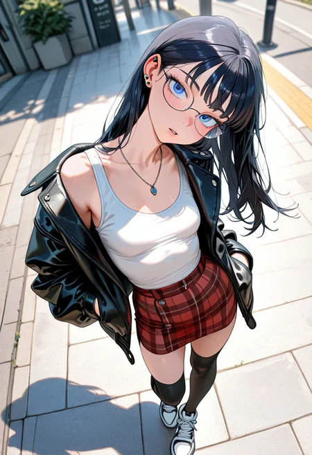 8K, best quality,masterpiece,amazing quality,ultra-detailed,delicate illustration, best shadows, very detailed, scenery, depth of field, volumetric, cinematic perspective, hyper-realistic, masterpiece, best quality, amazing quality, highly detailed, very aesthetic, newest) , , sexy pose,
blushing, asian girl, small head, pretty girl, korean girl,
((slim body)), (small breasts), Dynamic angle, Dynamic pose,
ear piercings, Nswf, ,,,,,
1girl, open black jacket, leather jacket, athletic sneakers, plaid skirt, black knee high socks, necklaces, blue eyes, dark hair, long hair, dynamic angle, from above, outdoors, standing, sidewalk, white tank top, parted lips, glasses, looking at viewer, head tilt, hand in pocket,
masterpiece, best quality, very awa, absurdres, highres, newest, very aesthetic, ambient occlusion, raytracing,
<lora:PowerPuffMixLora:0.8>,