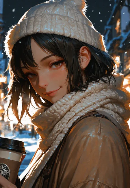 masterpiece, ultra-HD, cinematic lighting, photorealistic, impressionism (1.5), high detail, depth of field, (blurred background), (dramatic lighting),masterpiece, best quality, very aesthetic,8k,masterpiece, best quality,realistic, masterpiece, best quality, 8k,, usnr, 
1girl, asian, short pop hairstyle, knitted hat, dark hair, shiny skin, (detailed eyes), long jacket, scarf, holding coffee, looking at viewer, smile, down jacket, close up, from side, outdoors, snowy, street view, snow, wind, sunny background, street view