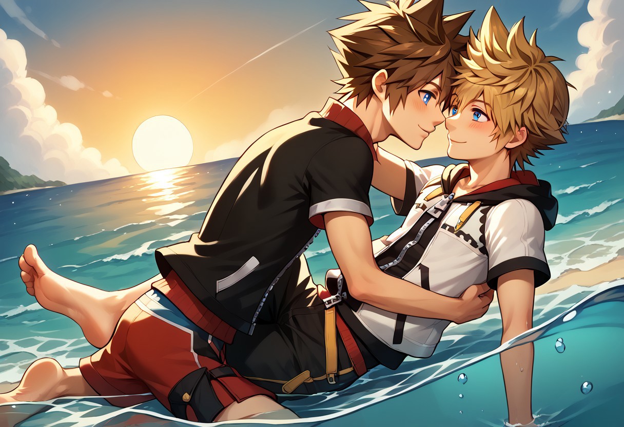 score_9, score_8_up, source_anime, highly detailed, 2boys, roxas, 1boy, zipper, male focus, spiked hair, blue eyes, blonde hair, short pants, short sleeves, zipper pull tab, indoor, outdoor, beach, bare foot, hug, smile, foot in water, stand, imminent kiss, blush, sunset,score_9, score_8_up, score_7_up, masterpiece, high resolution, perfection BREAK anime, 1boy, male focus, (solo male), sora, brown hair, spiky hair, blue eyes, jammers, male swimwear, tight clothing, beach, (proud, showing off), explicitly eighteen years old <lora:jammersv2:0.8> <lora:Sora:1>