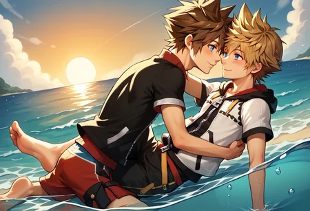 score_9, score_8_up, source_anime, highly detailed, 2boys, roxas, 1boy, zipper, male focus, spiked hair, blue eyes, blonde hair, short pants, short sleeves, zipper pull tab, indoor, outdoor, beach, bare foot, hug, smile, foot in water, stand, imminent kiss, blush, sunset,score_9, score_8_up, score_7_up, masterpiece, high resolution, perfection BREAK anime, 1boy, male focus, (solo male), sora, brown hair, spiky hair, blue eyes, jammers, male swimwear, tight clothing, beach, (proud, showing off), explicitly eighteen years old <lora:jammersv2:0.8> <lora:Sora:1>