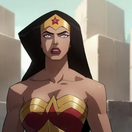 score_9, score_8_up, score_7_up, 1girl, solo, long hair, blue eyes, black hair, lipstick, cleavage, leotard, tiara, bracers, bare shoulders, Wonder Woman (2009)