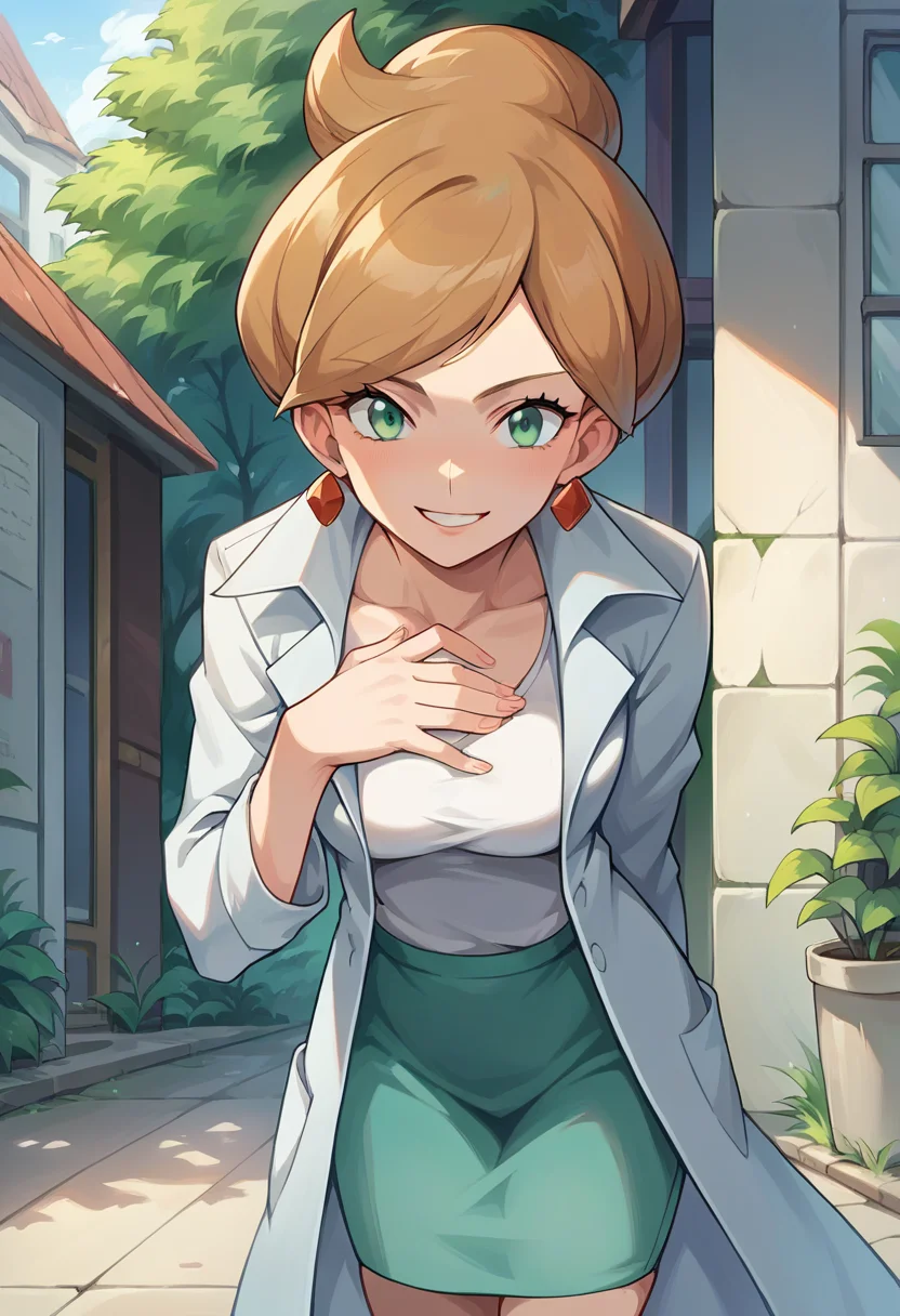 score_9, score_8_up, score_7_up, source_anime, masterpiece, 1girl, ctianjuniper, lab coat, green pencil skirt, earings, white shirt, looking at viewer, <lora:juniper_pokemon_pony_ct:0.8>, hand on chest, smile, leaning forward, outside,