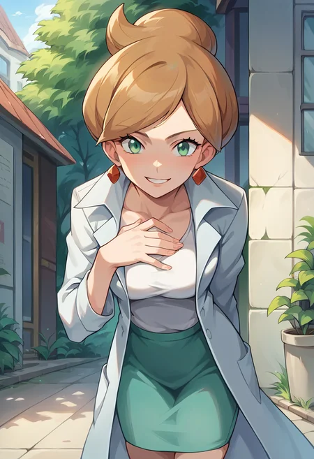 score_9, score_8_up, score_7_up, source_anime, masterpiece, 1girl, ctianjuniper, lab coat, green pencil skirt, earings, white shirt, looking at viewer,  <lora:juniper_pokemon_pony_ct:0.8>, hand on chest, smile, leaning forward, outside,