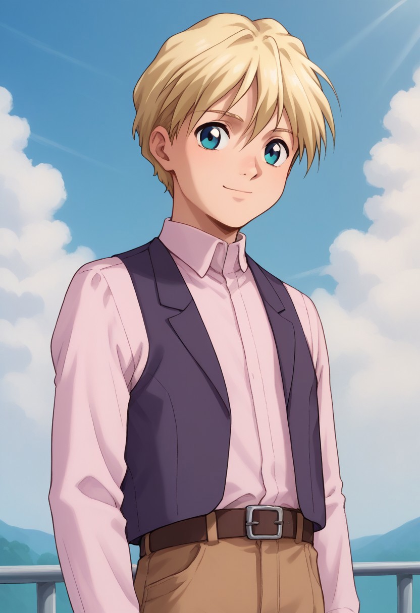 score_9, score_8_up, score_7_up, source_anime, highly detailed, 
raberba, solo, blonde hair, 1boy, male focus, brown pants, blue eyes, pants, upper body, shirt, standing, vest, purple vest, long sleeves, looking at viewer, pink shirt, short hair,  closed mouth, belt, smile
outside, sky,