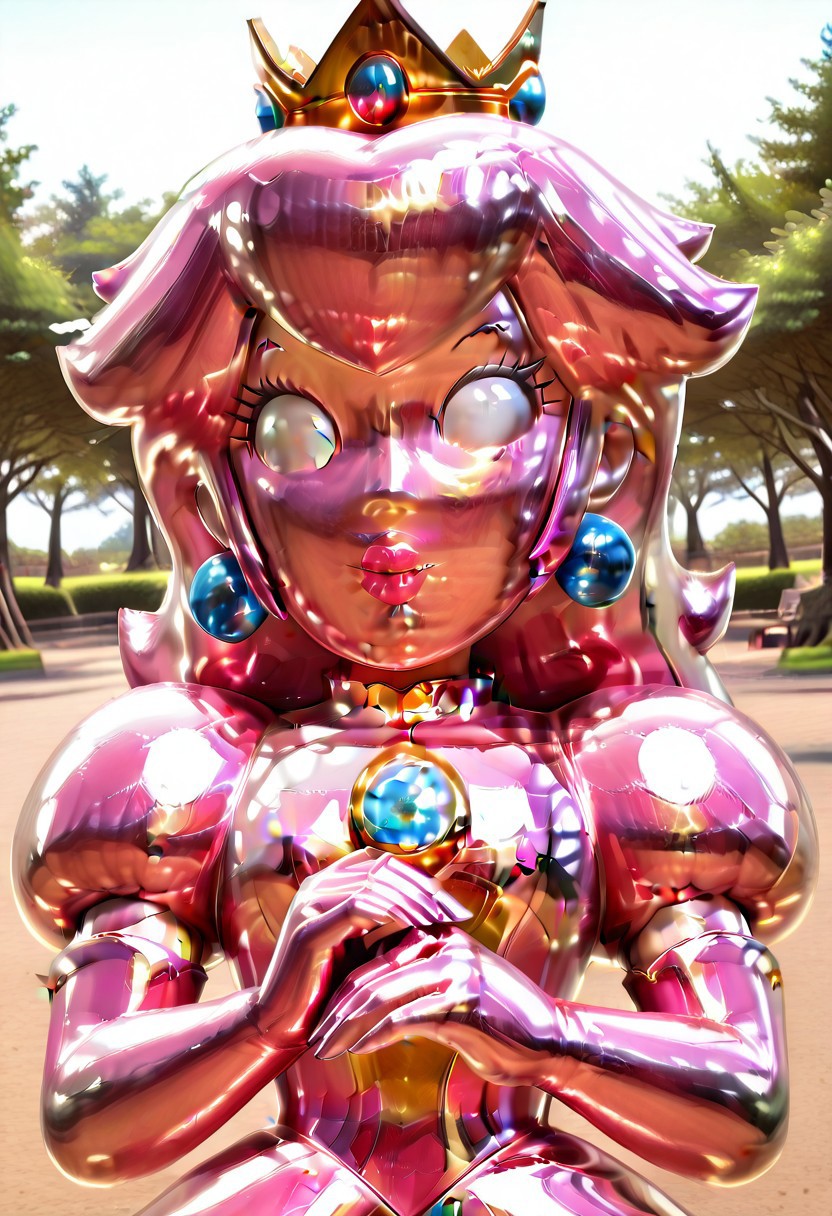 pink gold dress, pink gold peach, Princess Peach,pink gold hair, pink gold skin, pink gold gloves, pink gold clothes, metallic body, metallic,no pupils ,lipstick,long hair,wavy hair,crown,  puffy sleeves, elbow gloves, shiny, park, outdoors, detailed eyes, perfect hands, detailed face, detailed body, detailed anatomy, close up,
