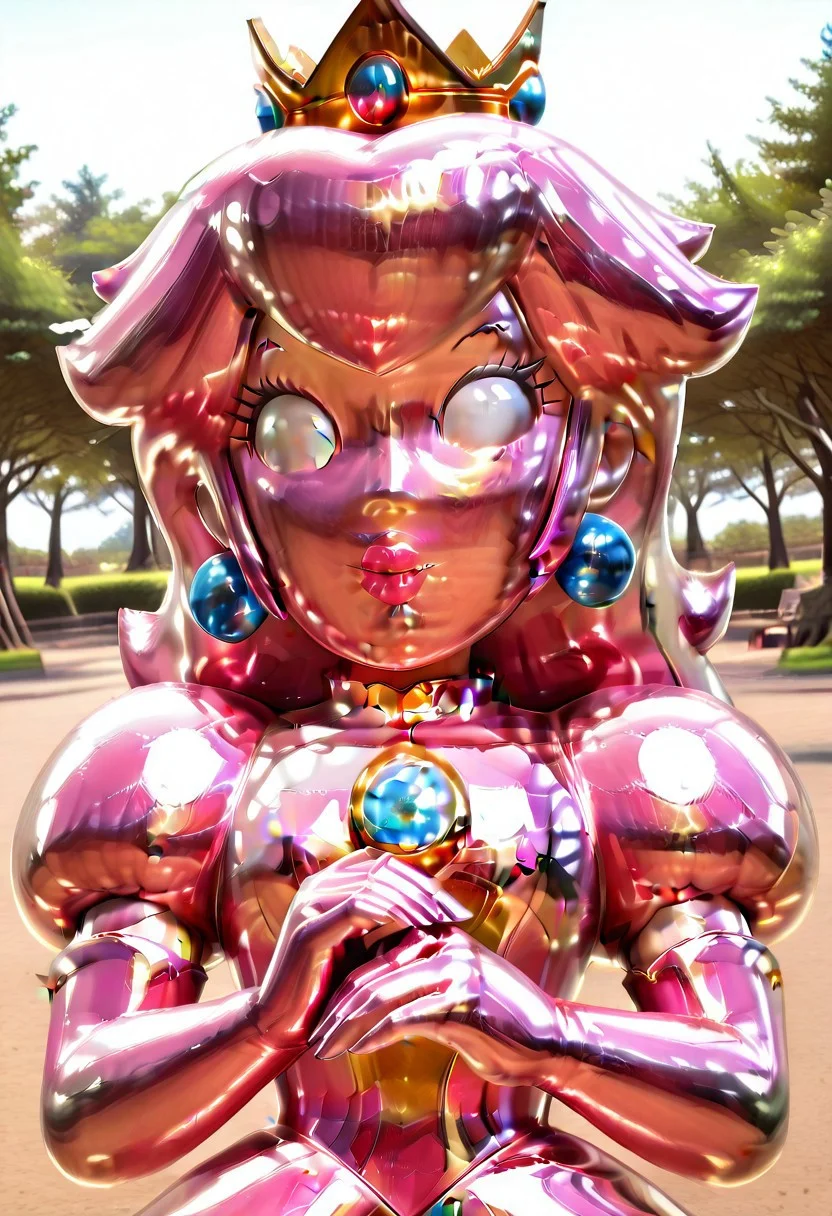 pink gold dress, pink gold peach, Princess Peach,pink gold hair, pink gold skin, pink gold gloves, pink gold clothes, metallic body, metallic,no pupils ,lipstick,long hair,wavy hair,crown, puffy sleeves, elbow gloves, shiny, park, outdoors, detailed eyes, perfect hands, detailed face, detailed body, detailed anatomy, close up,