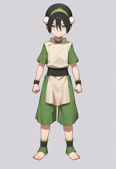 score_9, score_8_up, score_7_up, score_6_up, score_5_up, score_4_up, BREAK, source_anime,
1girl, toph, bangs, black hair, blind, grey eyes, hair between eyes, hair bun, hairband, short hair, short sleeves, tunic, chinese clothes, baggy capri pants,
clenched hands, smile, standing, full body, looking at viewer, solo, simple background, white background    <lora:TophXL:1>