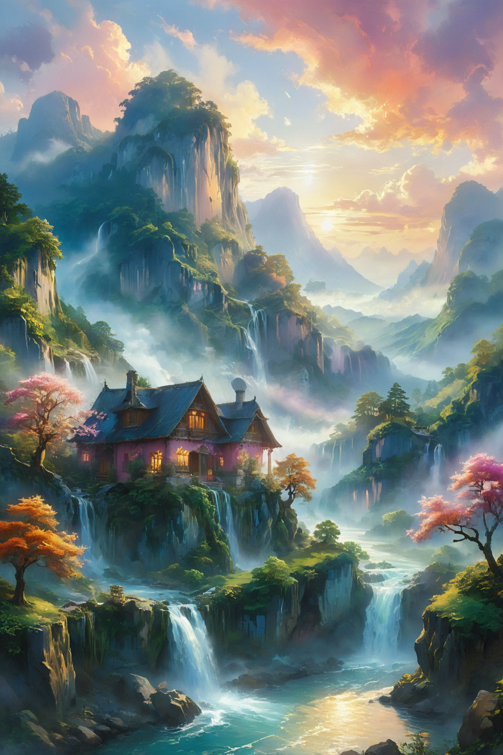 A breathtaking landscape painting featuring traditional houses nestled at the foot of towering, majestic mountains. A cascading waterfall flows down from the rocky cliffs, its mist mingling with the clouds that gently blanket the mountain peaks. The scene is alive with vibrant colors, the lush greenery of the forests, and the serene blue of the flowing river. Intricate details of the houses, with their quaint rooftops and rustic charm, add a sense of warmth and habitation to the grand natural spectacle. The sky is painted with a mesmerizing palette of twilight colors, with hues of pink, orange, and purple creating a stunning backdrop. The entire setting is enveloped in a mystical atmosphere, with soft sunlight breaking through the mist and clouds, casting an ethereal glow over the serene, picturesque scene.
<lora:ral-mtclniscp-sdxl:0.7> ral-mtclniscp,
<lora:add-detail-xl:1.0>,
<lora:EnvyBetterHiresFixXL01:1.0>,
<lora:extremely_detailed:1.0>, extremely detailed,
<lora:EldritchMixIllustration_1.1:0.35>,
<lora:xl_floating:0.75> floating island, surreal,
<lora:SDXLFaeTastic2400:0.5>