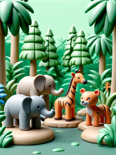 ais-plasticz jungle, with ais-plasticz animals and trees creating a whimsical, ais-plasticz wilderness, set against a backdrop of ais-plasticz jungle foliage and an ais-plasticz rive r<lora:Plastic_Toy_Style_SDXL:1>