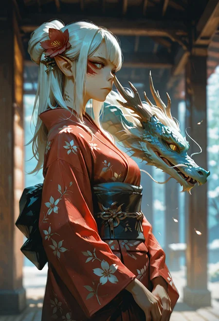 masterpiece, ultra-HD, cinematic lighting, photorealistic, impressionism (1.5), high detail, depth of field, (blurred background), (dramatic lighting),masterpiece, best quality, very aesthetic,8k, lae'zel, 1girl, gith (d&d), slit pupils, yellow eyes, facial mark , pointy ears, Dragon and girl, 1girl, dragon, japanese clothes, kimono, white hair, hair ornament, eastern dragon, blue eyes, red kimono, hair flower, hair bun, flower, sash, long sleeves, wide sleeves, obi, solo, petals, bangs, from side, floral print, single hair bun, closed mouth, sidelocks, long hair, red eyes,
masterpiece, best quality, amazing quality, usnr,