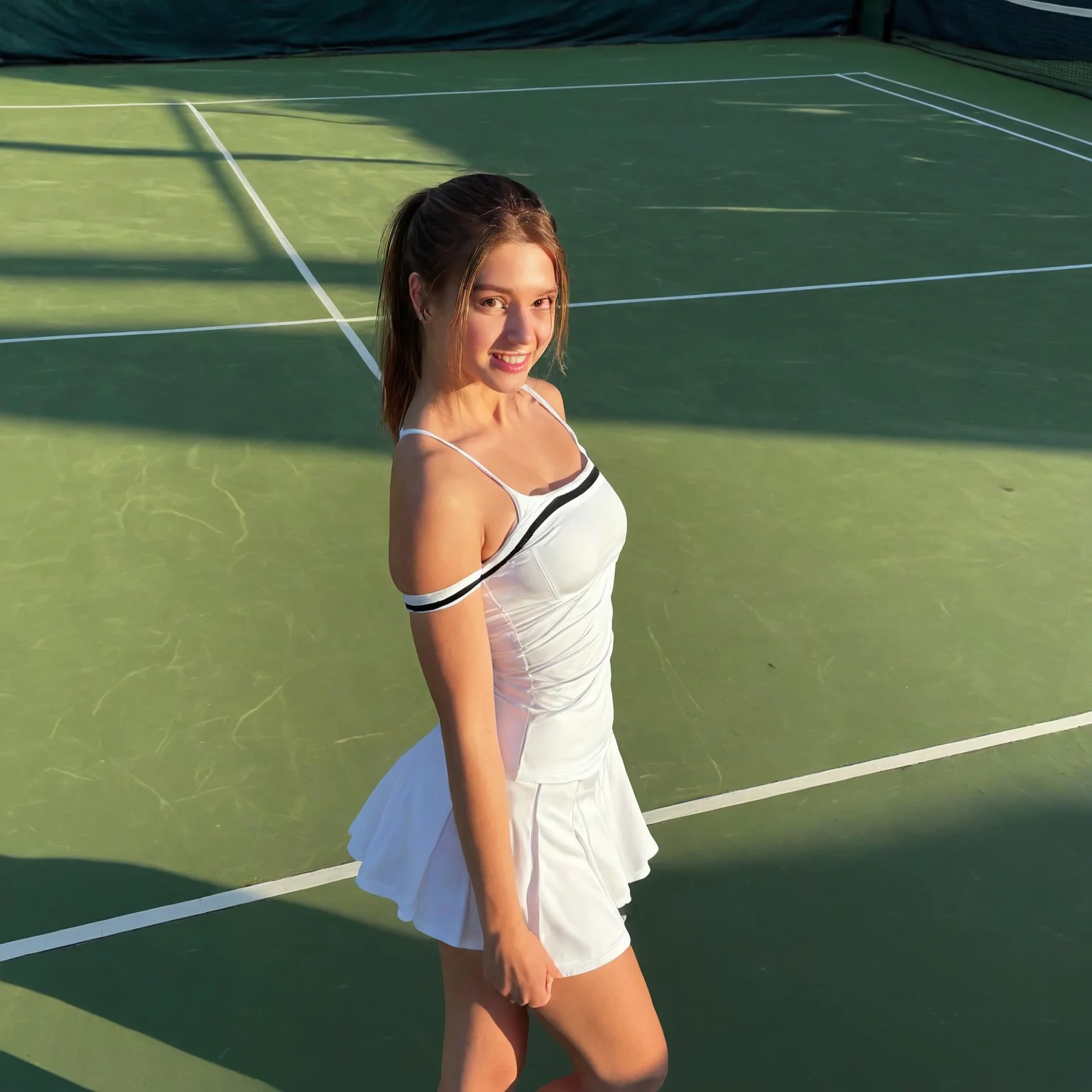 masterpiece, realistic, photorealistic, high-res, best quality, sinfully stylish, dramatic lighting, shadows, soft light,, bare shoulders, small smile, tennis uniform, tennis court background