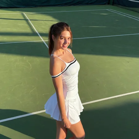 masterpiece, realistic, photorealistic, high-res, best quality, sinfully stylish, dramatic lighting, shadows, soft light,, bare shoulders, small smile, tennis uniform, tennis court background