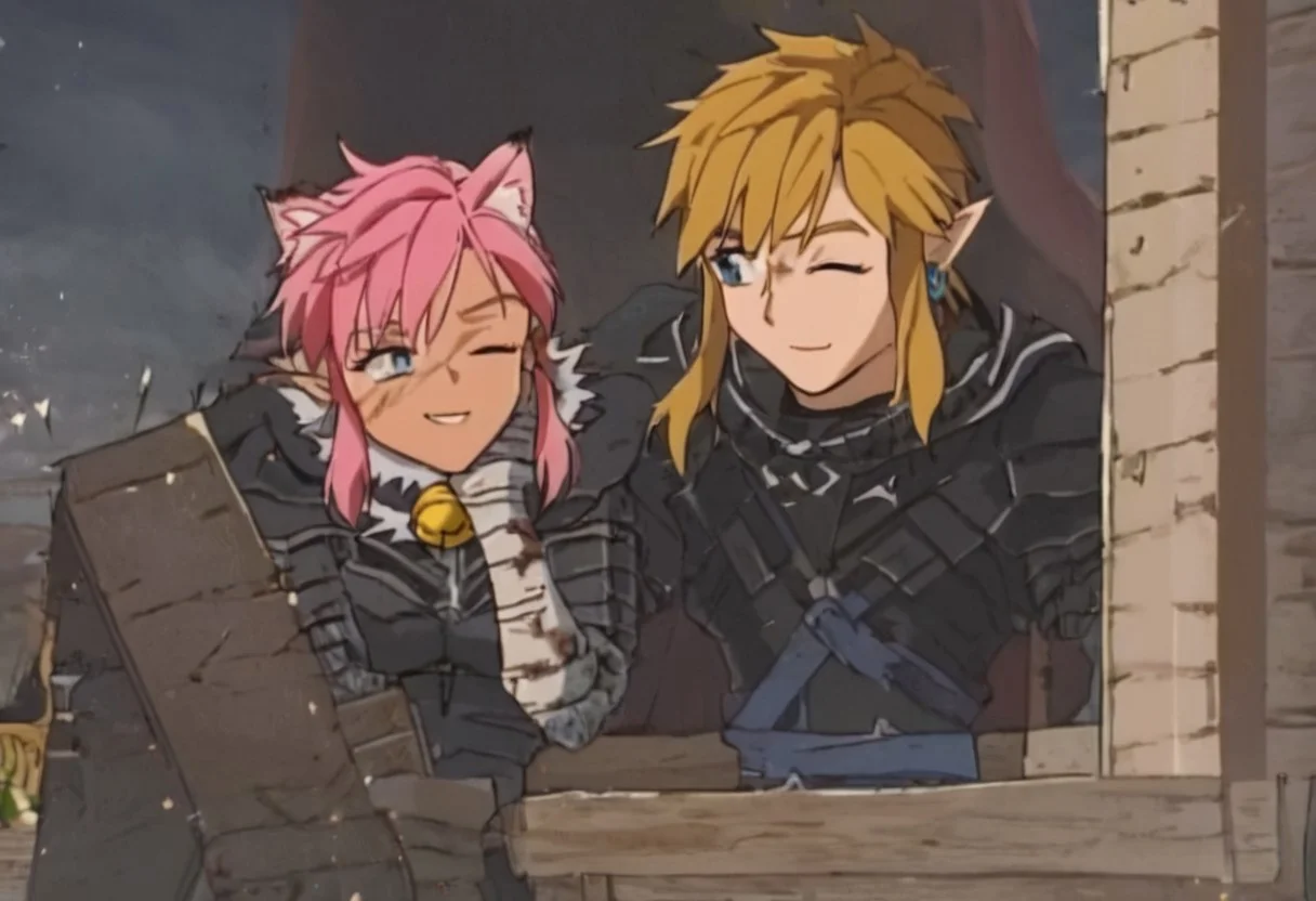 masterpiece, very aesthetic, anime screenshot, 1girl, Pink_PonyXL, black armor, shoulder armor, gauntlets, greaves, bandaged arm, black cape, torn cape, scar on nose, one eye closed,, bright pink hair cat bell around neck, cat ears, tanned, white tiger tail, small breasts, smile, reclining
Break
1boy, link1,link,pointy ears,blonde hair,blue eyes,medium hair,side locks,earrings,short ponytail, hylian tunic
Break
City of hyrule on fire, at night
