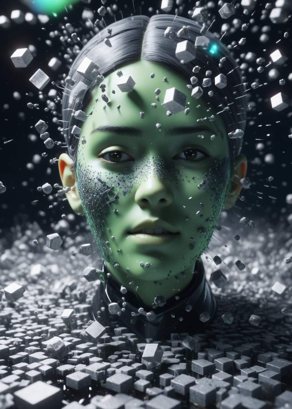 xslx, A face in a state of disintegration is captured in a surreal 3D render, with fragmented pieces floating away from the main structure, The shards, each with its unique texture and shade, create a sense of transformation and decay, The monochromatic palette, dominated by shades of gray, gives the image a haunting, mysterious quality, reflecting the inner turmoil of the subject, with floating particles, depth of field, highly detailed, Fatigued, Sun Rays, Mint green <lora:fx-01:1>
