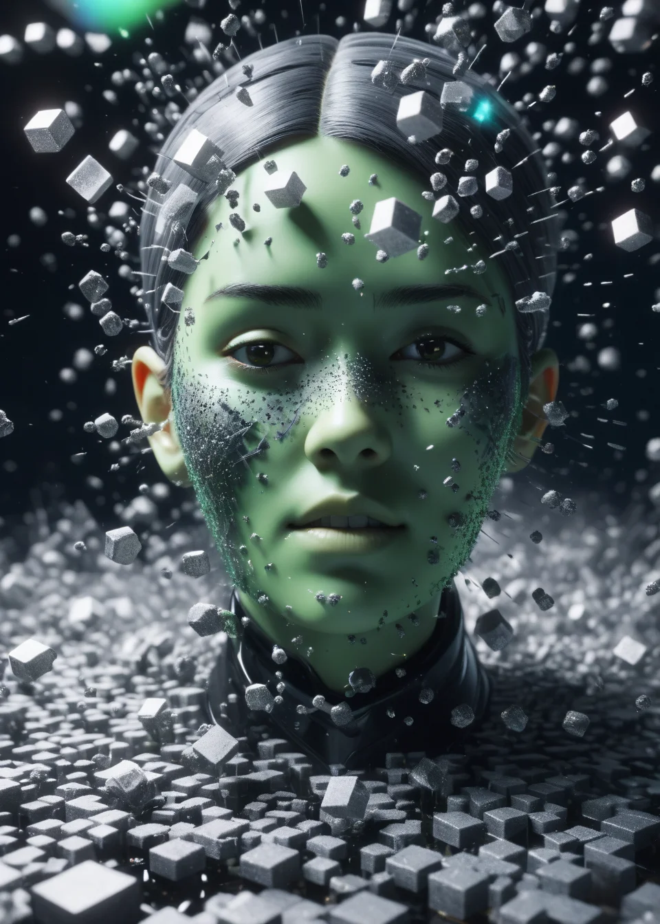 xslx, A face in a state of disintegration is captured in a surreal 3D render, with fragmented pieces floating away from the main structure, The shards, each with its unique texture and shade, create a sense of transformation and decay, The monochromatic palette, dominated by shades of gray, gives the image a haunting, mysterious quality, reflecting the inner turmoil of the subject, with floating particles, depth of field, highly detailed, Fatigued, Sun Rays, Mint green <lora:fx-01:1>