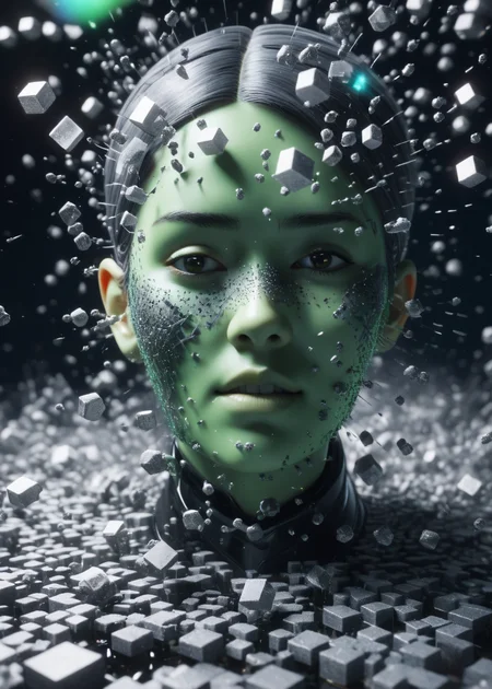 xslx, A face in a state of disintegration is captured in a surreal 3D render, with fragmented pieces floating away from the main structure, The shards, each with its unique texture and shade, create a sense of transformation and decay, The monochromatic palette, dominated by shades of gray, gives the image a haunting, mysterious quality, reflecting the inner turmoil of the subject, with floating particles, depth of field, highly detailed, Fatigued, Sun Rays, Mint green <lora:fx-01:1>