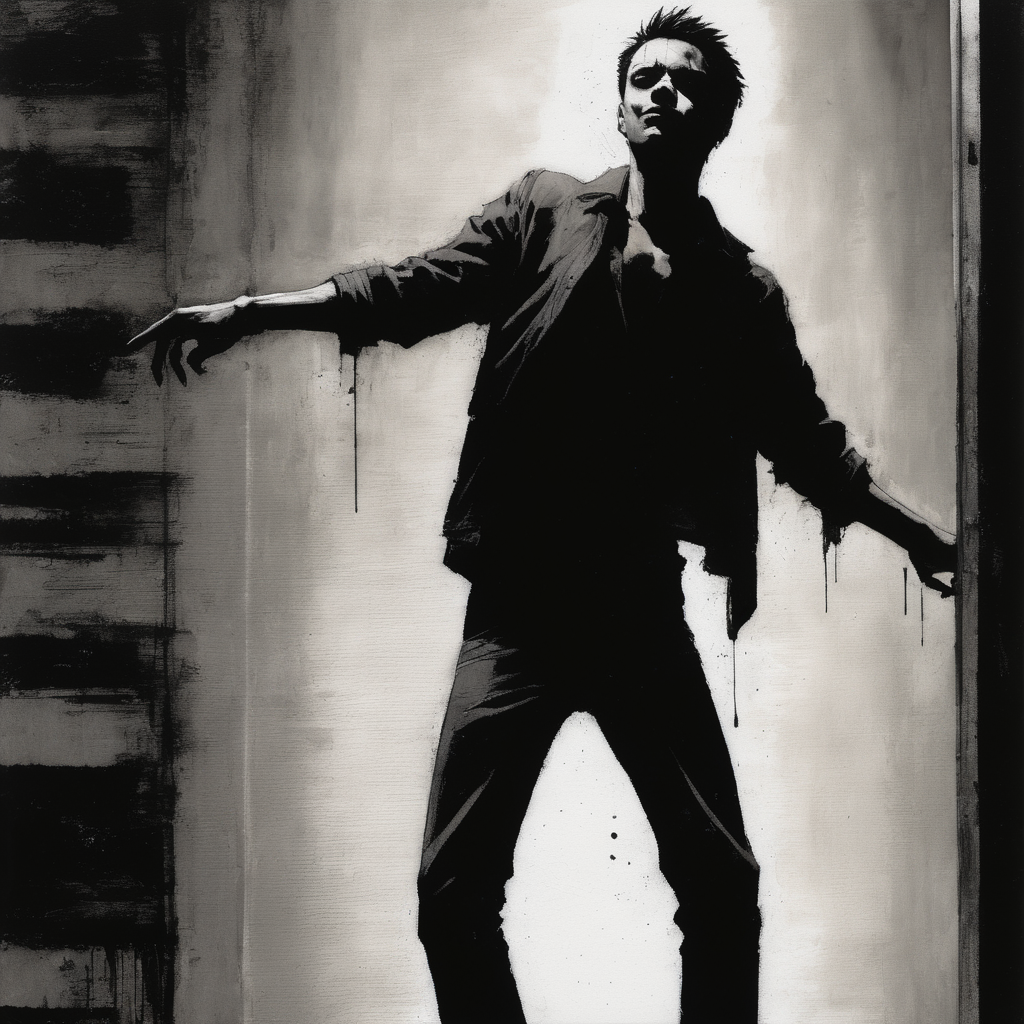 VtmArt, painting, of a young man in a dynamic pose,. <lora:VtmArt:1>, at night, tim bradstreet,