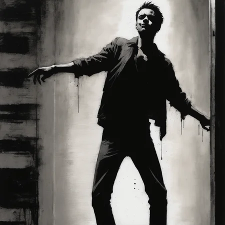 VtmArt, painting, of a young man in a dynamic pose,. <lora:VtmArt:1>, at night, tim bradstreet,