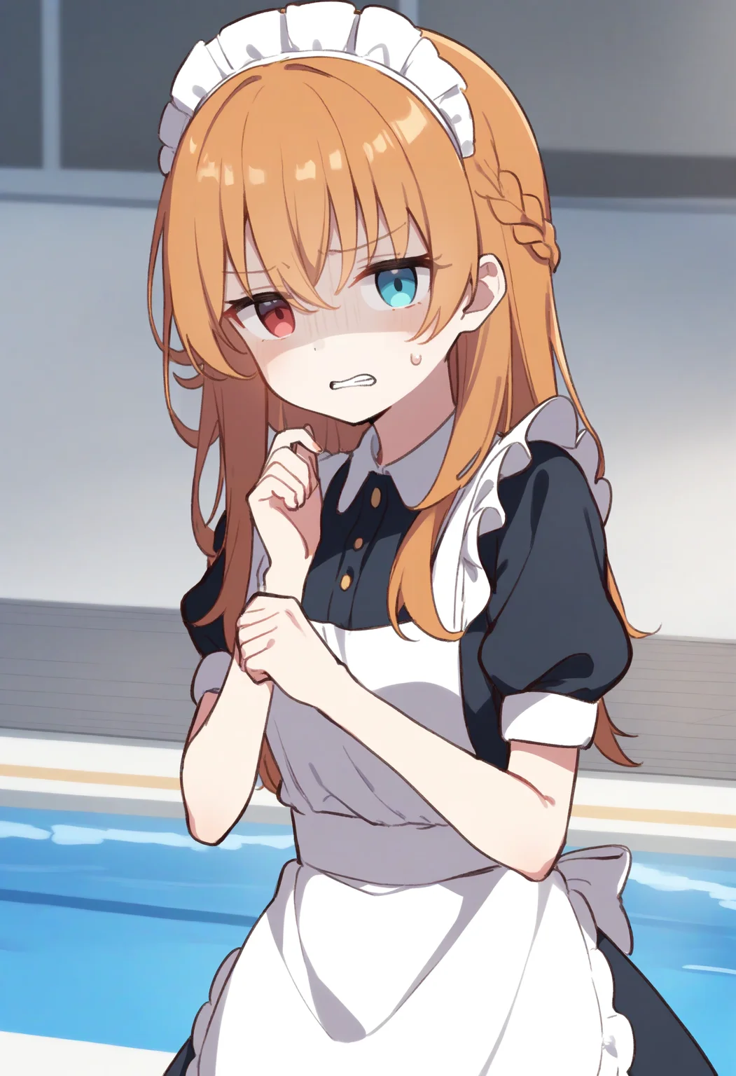 1girl,sincos, ningen mame, toosaka asagi,solo,medium breasts,20yo,maid,maid headdress,
donbiki,<lora:donbiki_XL_v1:0.7>
sweatdrop, looking at viewer, shaded face, turn pale, jitome, disgust, gloom (expression), d:, frown, empty eyes, no pupils, clenched teeth, hands up,
from side, upper body, orange hair, heterochromia, Poolside, braid hair,,
best quality, very aesthetic, absurdres