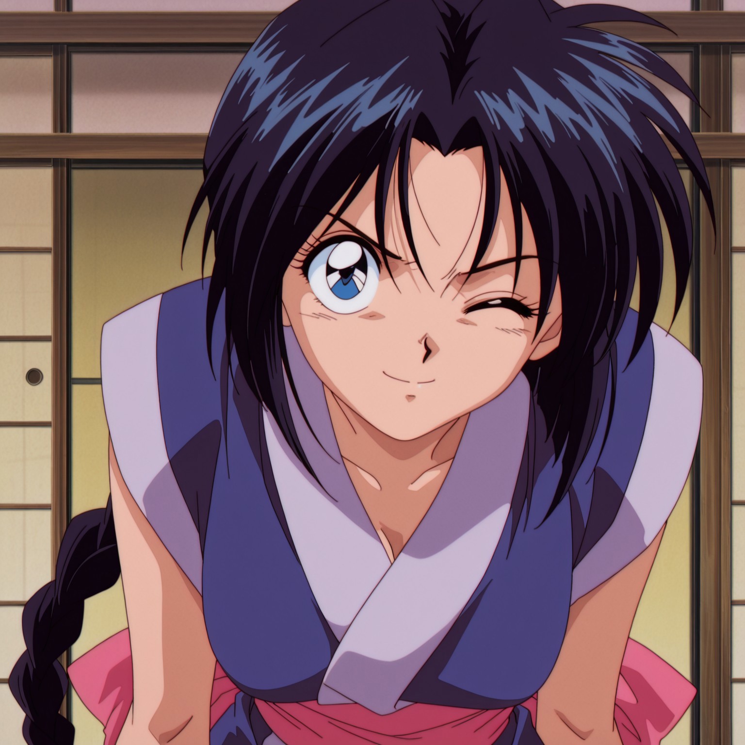 masterpiece, best quality, amazing quality, amazing quality,very aesthetic,absurdres,best quality,newest,masterpiece, breasts, anime screencap, anime artstyle, winking, happy, breasts, anime screencap, anime coloring,safe_pos, safe_pos, score_9, score_8_up, score_7_up,couple, duo, 1girl,  misao makimachi, rurouni kenshin, long braid, braided ponytail, blue eyes, black hair, 1990's artstyle, retro artstyle, kimono, ninja
