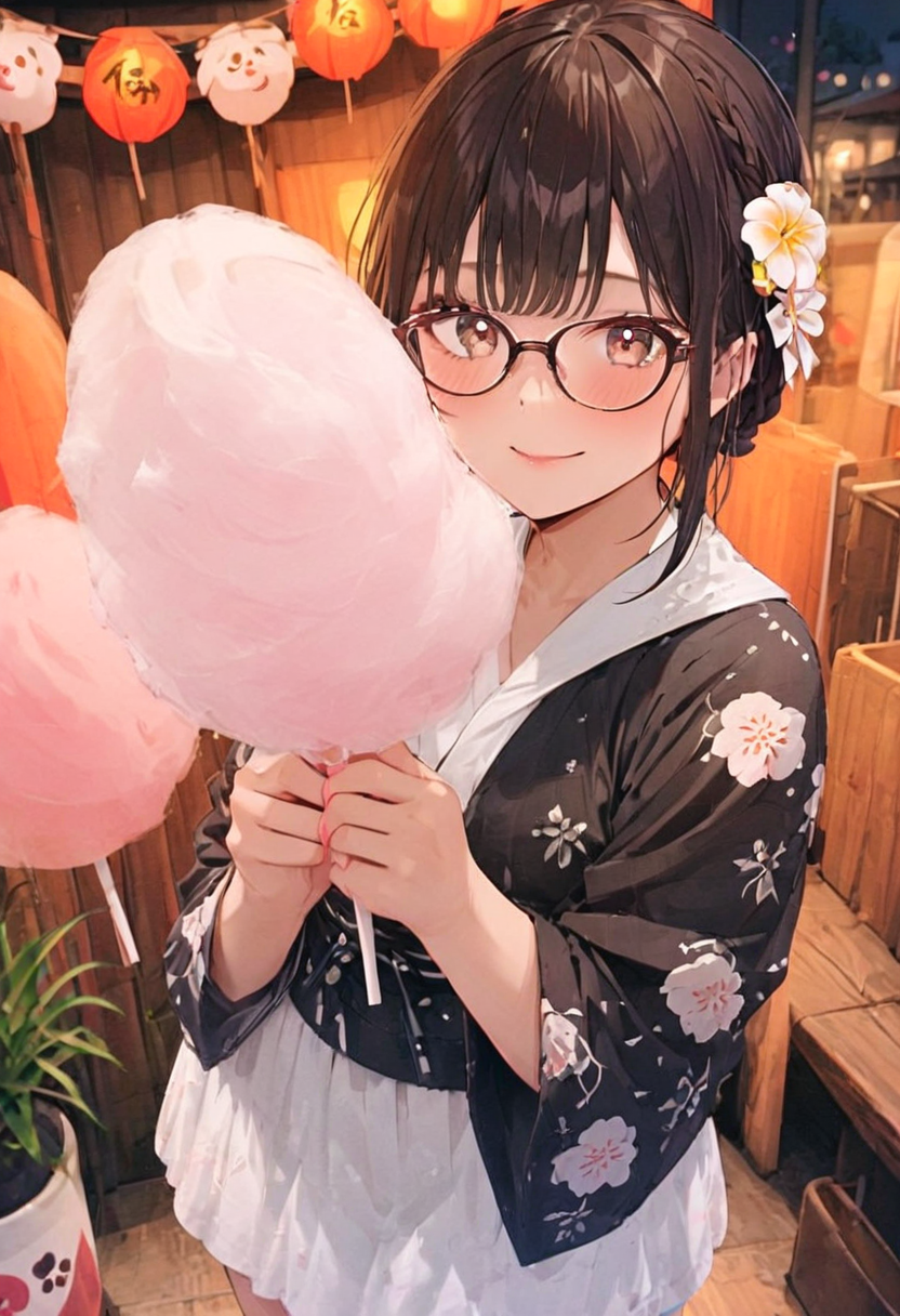 masterpiece, best quality, very aesthetic, absurdres,
cotton candy, 1girl, solo, glasses, black hair, holding, holding food, food, skewer, yukata, hair flower, braid, night, summer, paper lantern, 
 <lora:wataame_SDXL_V1:1>