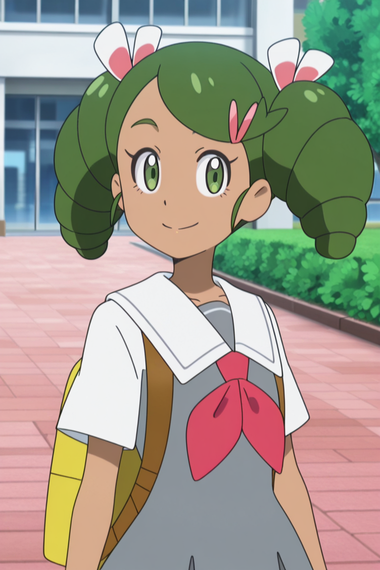 1girl, standing, looking at viewer, smile, outdoors,  upper body, 
 <lora:mallow_scho_magi_1:1> mag3ca gir7l,mall7ow_un7form,green eyes,dark skin,dark-skinned female, green hair,twintails, curly pigtails,hair clips,yellow backpack,gray school uniform,sailor collar, red scarf,, masterpiece, high quality, absurdres, best quality, very aesthetic, newest,