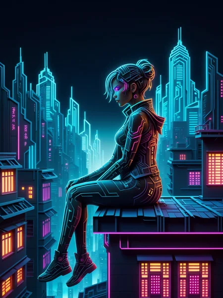 woman sitting on a roof looking of the futuristic city at night, glowing papercut,  mad-cybrpprct1, cyberpunk, alley, neon lights <lora:Neon_Cyberpunk_Papercut_SDXL:0.7>, (masterpiece:1.2), best quality, (hyperdetailed, highest detailed:1.2), high resolution textures