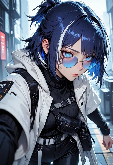 highres, very detailed, amazing quality, masterpiece,
very aesthetic,
particle effect,
1girl, Andreana from Arknights, short hair, streaked hair, blue hair, white hair, short ponytail, blue eyes, round eyewear on eyes, blue-tinted eyewear, white jacket, hooded jacket, hood down, open jacket, layered sleeves, short over long sleeves, black sweater, turtleneck sweater, black pants, white belt, black bag, fanny pack,
Close up, depth of field, ray_tracing, cowboy shot, extreme foreshortening, very aesthetic, cinematic,