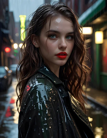 1girl, solo, looking_at_viewer, In a gritty, neo-noir setting of rain-slicked alleyways under the dim glow of a single neon sign, the camera captures a close-up of Riley, a woman with long, wavy chestnut hair cascading down her shoulders and wearing a unique outfit of a sleek black trench coat adorned with intricate silver chains and spikes. Her intense green eyes are sharply focused on the viewer, her full, painted red lips slightly parted to reveal a single gold tooth glinting in the shadows. The background is filled with the blurred reflections of rain-soaked buildings, while the foreground is bathed in a pool of light from a nearby streetlamp, creating a dramatic contrast between light and darkness that emphasizes Riley's fierceness and determination.